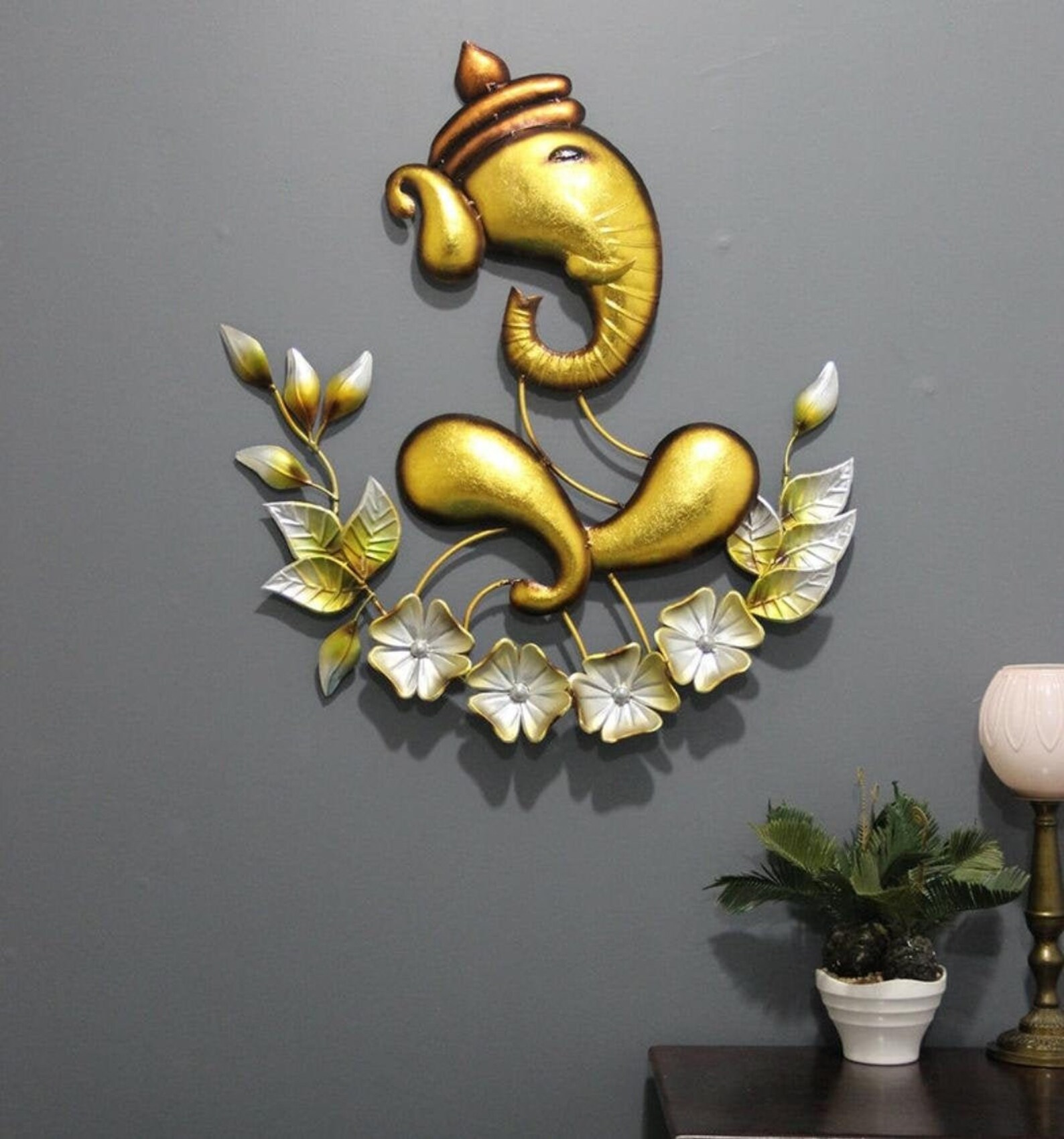 Ganesha With Flower Indian Metal Wall Art Home Decor Gift Etsy