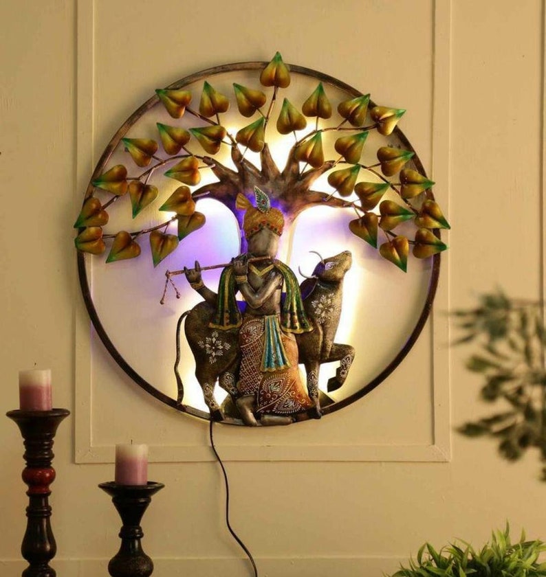 Krishna With Cow With LED Indian Metal Wall Art Home Decor Etsy