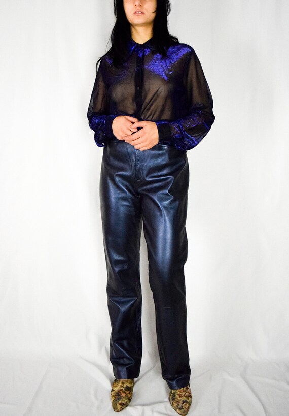 Vintage Metallic Blue Straight Leg Leather Pants