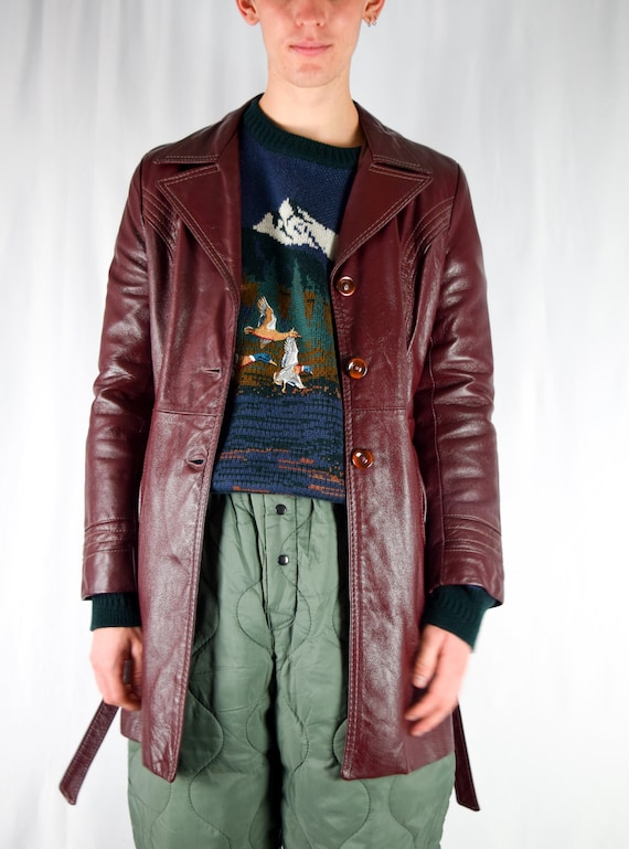 Burgundy Seam Trim Mid-length Leather Trench
