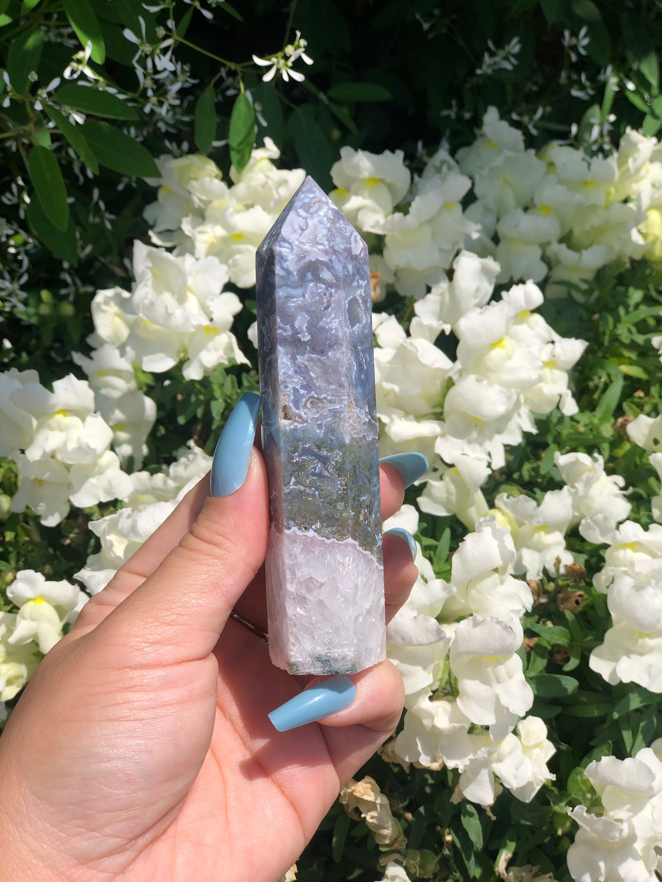 Blue Moss Agate 4.5 Tower Point with Quartz | Etsy