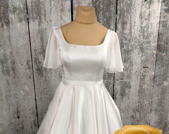 Elegant Satin Wedding Dress,Long Wedding Dress,Ivory Wedding Dress,A-Line Wedding Dress,Satin Wedding Dress With Short Sleeves,Bridal Dress
