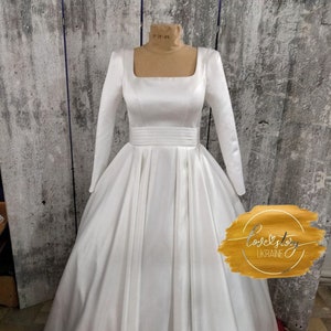 Elegant Satin Wedding Dress, Long Ivory Wedding Dress,Romantic Wedding Dress, A-Line Wedding Dress, Cathedral Wedding Dress With Sleeves