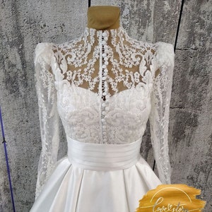 Long Sleeve Bridal Dress,ALine Wedding Dress,Lase Bridal Dress,Satin Wedding Dress,Cathedral Bridal Gown,Classic Wedding Dress,Real Photo