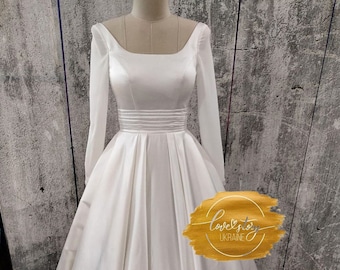 Elegant Satin Wedding Dress, Long Wedding Dress, Romantic Wedding Dress, A-Line Wedding Dress, Satin Wedding Dress With Sleeves,Bridal Dress