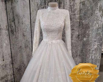 Luxury Wedding Dress,Closed Back Wedding Dress,A-Line Wedding Dress,Sparkle Wedding Dress, Sleeves High Neck Ivory Lace Tulle Bridal Gown