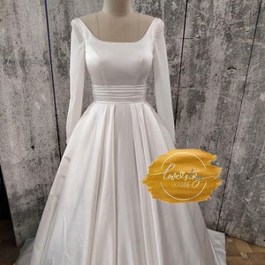 Elegant Satin Wedding Dress, Long Wedding Dress, Romantic Wedding Dress, A-Line Wedding Dress, Satin Wedding Dress With Sleeves,Bridal Dress