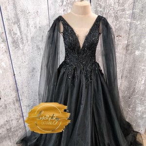 Black Wedding Dress,Sexy Bridal Gown,Slit Bridal Dress,Princess Wedding Dress,Black Bridal Gown,Bridal Gown with Wings,Halloween Bridal Gown