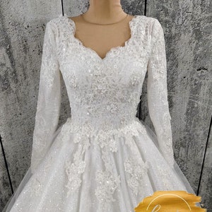 Royal Long Sleeve Wedding Dress Closed Back Wedding Dress Modest Wedding Dress Long Train Ivory Bride Gown Cathedral Bridal Dress