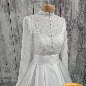 Long Sleeve Wedding Dress,ALine Wedding Dress,Lase Bridal Gown,Modest Wedding Dress,Cathedral Bridal Gown,Closed Wedding Dress 2 Piece