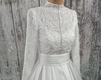 Long Sleeve Wedding Dress,ALine Wedding Dress,Lase Bridal Gown,Modest Wedding Dress,Cathedral Bridal Gown,Closed Wedding Dress 2 Piece