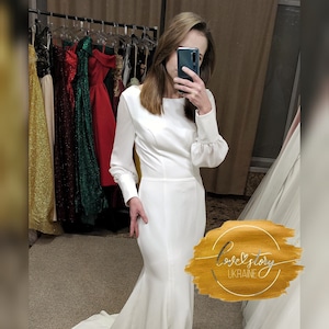 Crepe Wedding Dress,Elegant Wedding Dress With Long Sleeve,Minimalist Wedding Dress,Fit and Flare Wedding Dress,Modest Bridal Dress