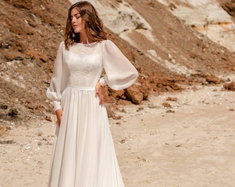 Beach Bridal Gown With Soft Lace, Romantic Wedding Dress With Long Sleeves, Simple Rustic Wedding Dress, Chiffon Minimalism Wedding Dress