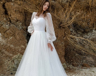 Puffy Sleeves Wedding Dress, Boho Wedding Dress, Beach Wedding Dress,Romantic Bridal Gown, Elegant Bridal Gown, Custum Made Wedding Dress