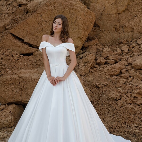 Romantic Wedding Dress, A-Line Wedding Dress, Elegance Wedding Dress, Satin Wedding Dress,Bridal Gown with Royal Satin