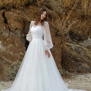 Puffy Sleeves Wedding Dress, Boho Wedding Dress, Beach Wedding Dress,Romantic Bridal Gown, Elegant Bridal Gown, Custum Made Wedding Dress