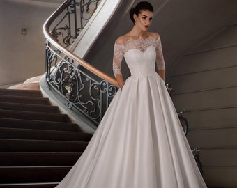 Short Sleeve Wedding Dress,Satin Wedding Dress, A-Line Wedding Dress, Minimalist Bridal Gown,Bridal Dress with the Cape,Bridal Gown