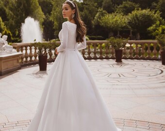 Simple and Elegant Wedding Dress,Feminine A-Line Wedding Dress, Satin Long Sleeves Wedding Dress, Minimalist Dress, Closed Back Bridal Gown