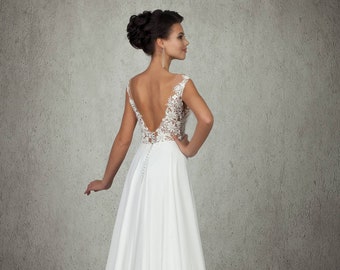 A-Line Bridal Gown, Romantic Wedding Dress, Simple Wedding Dress, Minimalism Wedding Dress,Beach Wedding Dress,Open Back Bridal Gown