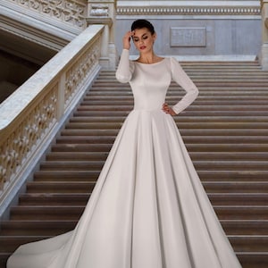 Long Sleeves Wedding Dress, Elegant Style White Satin Wedding Dress,A-Line Bridal Gown,Modest Wedding Dress,Splendid Dress, Minimalist Dress