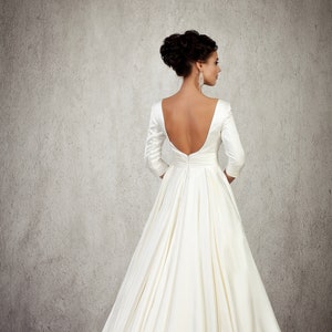 Satin Wedding Dress, Long White Wedding Dress, Classic Wedding Dress, Pocket Bridal Gown, Deep Plunge Neckline and Sexy Open Back