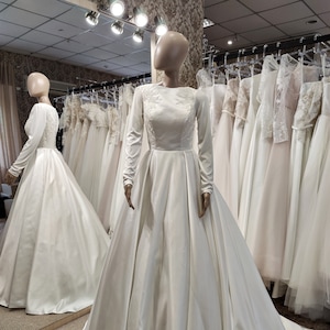 Simple and Elegant Wedding Dress,Feminine A-Line Wedding Dress, Satin Long Sleeves Wedding Dress, Minimalist Dress, Closed Back Bridal Gown
