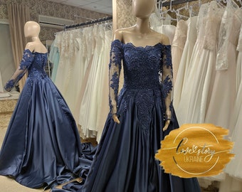 Lace Prom Dress,Satin Prom Dress, Evening Dress A-Line With Long Sleeve,Eloping Wedding Dress, Custom Made Prom Dress,Blue Prom Dress