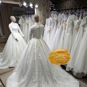Luxury Wedding Dress. Close Back Wedding Dress, Ball Gown Wedding Dress, Princess Wedding Dress, Sleeves Long Train Ivory Bride Gown