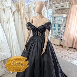 Black Engagement Bridal Gown,Halloween Black Wedding Dress,Gothic Bridal Dress,Sparkle Black Wedding Dress,Black Eloping Dress with Sleeves