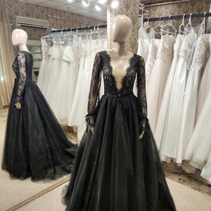 Black Wedding Dress, Elegant Evening Dress, Stylish Prom Gown, Tulle Prom Gown, A-Line Evening Dress, Long Prom Dress,Halloween Bridal Gown