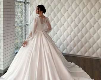 Cathedral Wedding Dress, Satin Wedding Dress with the Cape, Ball Gown Bridal Dress, Corset Wedding Dress,Modest Wedding Dress,Bridal Gown