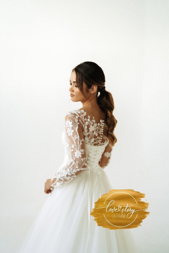 Elegant Wedding Dress,a-line Wedding Dress,ivory Tulle Wedding Dress,simple  Wedding Dress,cathedral Bridal Gown,long Sleeve Bridal Dress - Etsy