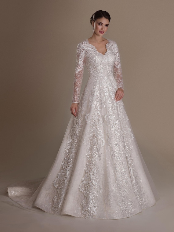 TR12021 Modest Wedding Dress Long Lace Sleeves
