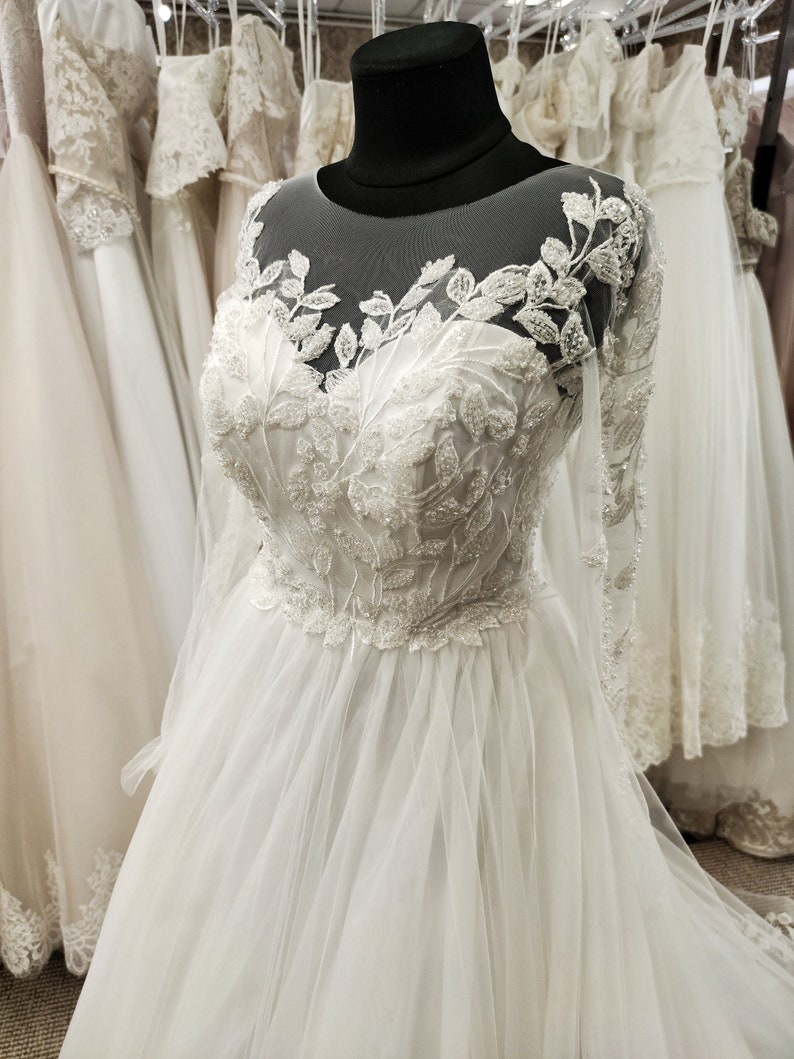 Ball Gown Wedding Dress, Long Sleeve Wedding Dress, Ivory Wedding Dress, Romantic Lace Bridal Dress, Sparkly Royal Bridal Gown image 4