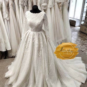 Muslim Long Sleeves Wedding Dress,Ball Gown Wedding Dress,Princess Wedding Dress,Sleeves Long Train Ivory Bride Gown,Cathedral Bridal Dress