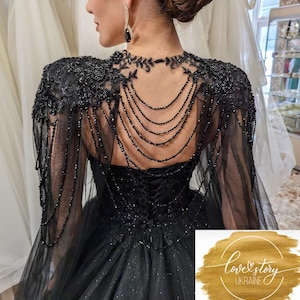 Gothic Wedding Cape,Black Wedding Cape,Wedding Shoulder Cape,Black Bridal Cape,Halloween Cape,Beaded Lace Tulle Cape,Black Tulle Cape