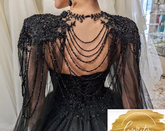 Gothic Wedding Cape,Black Wedding Cape,Wedding Shoulder Cape,Black Bridal Cape,Halloween Cape,Beaded Lace Tulle Cape,Black Tulle Cape