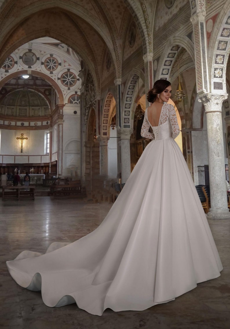 Matte Satin V-Neck Beading Cathedral Wedding Dress