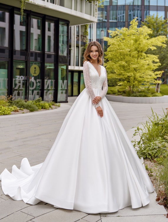 Elegant Soft Satin Wedding Dress with Long Sleeves,Simple Wedding Dres -  Wishingdress