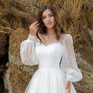 Long Sleeves Beach Wedding Dress, Unique Romantic Wedding Dress, Big Bridal Bow, Sexy Illusion Bridal Dress, Simple Rustic Wedding Dress