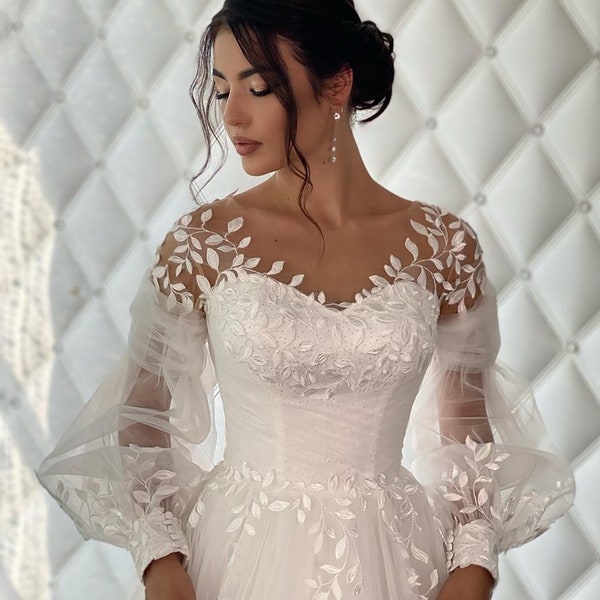 Romantic Wedding Dress,Simple Wedding Dress,A-Line Wedding Dress,Minimalist Bridal Gown,Elegant Style Bridal Dress,Puffy Sleeves Bridal Gown