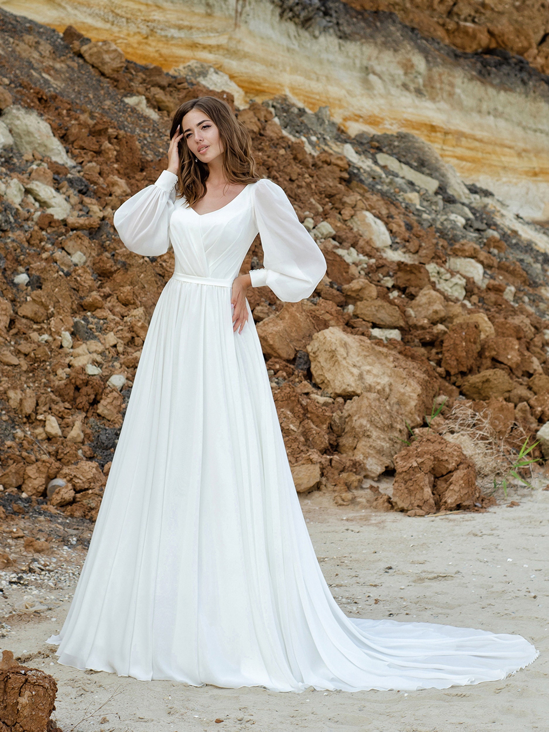 A-line Bridal Gown With Long Traine, Romantic Wedding Dress With Long  Sleeves, Simple Rustic Wedding Dress, Chiffon Minimalism Wedding Dress 