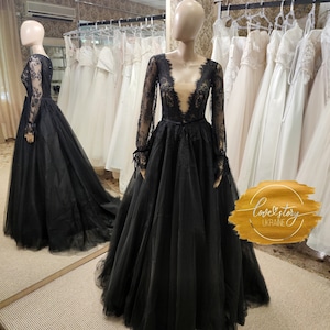 Black Wedding Dress, Elegant Evening Dress, Stylish Prom Gown, Tulle Prom Gown, A-Line Evening Dress, Long Prom Dress,Halloween Bridal Gown