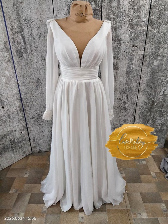 Open Back Wedding Dress, Chiffon Bridal Dress,custom Made Wedding Dress  With Hand Beading, Beach Bridal Gown, Simple Bridal Gown - Etsy