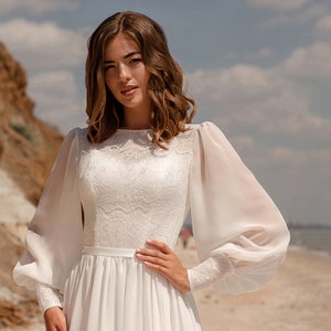 Beach Bridal Gown With Soft Lace, Romantic Wedding Dress With Long Sleeves, Simple Rustic Wedding Dress, Chiffon Minimalism Wedding Dress image 3