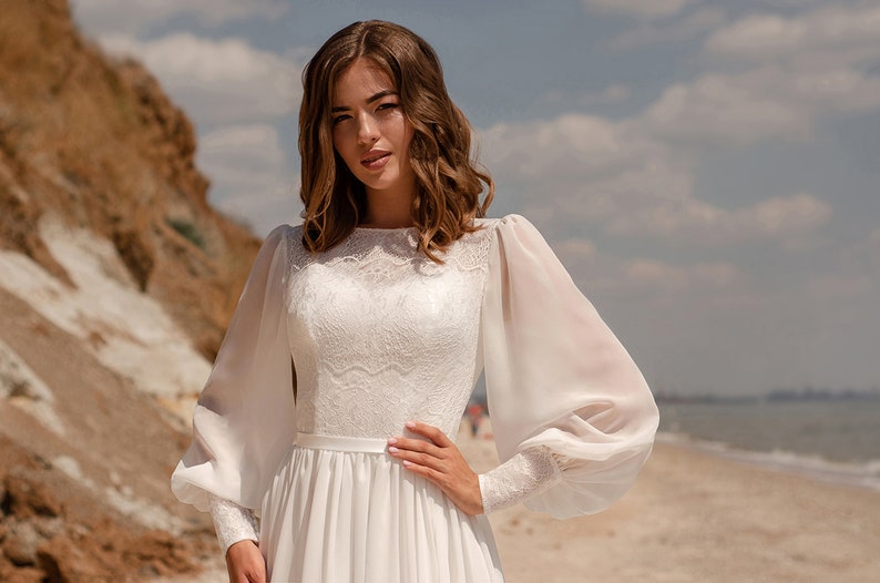 Beach Bridal Gown With Soft Lace, Romantic Wedding Dress With Long Sleeves, Simple Rustic Wedding Dress, Chiffon Minimalism Wedding Dress image 3