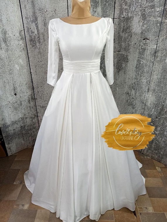 3/4 sleeve satin wedding dress Ivory Satin A-line 3/4 Sleeves Off Shoulder Wedding Dresses with Pockets,  MW663