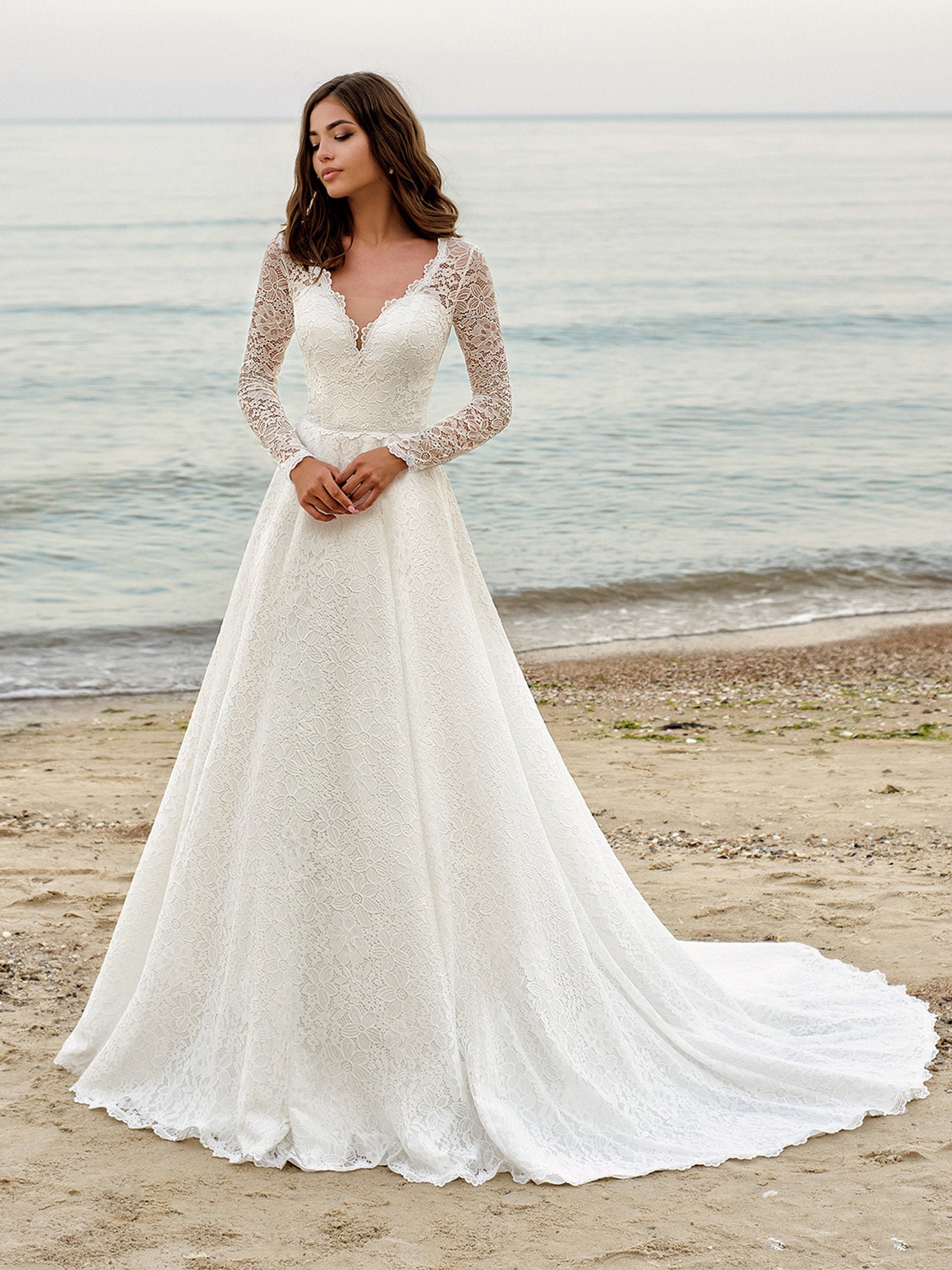Long Sleeves Beach Wedding Dress Lace Wedding Dress With Long | Etsy