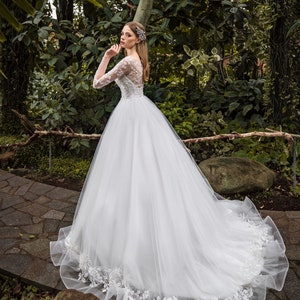 Ball Gown Wedding Dress, Long Sleeve Wedding Dress, Ivory Wedding Dress, Romantic Lace Bridal Dress, Sparkly Royal Bridal Gown image 2
