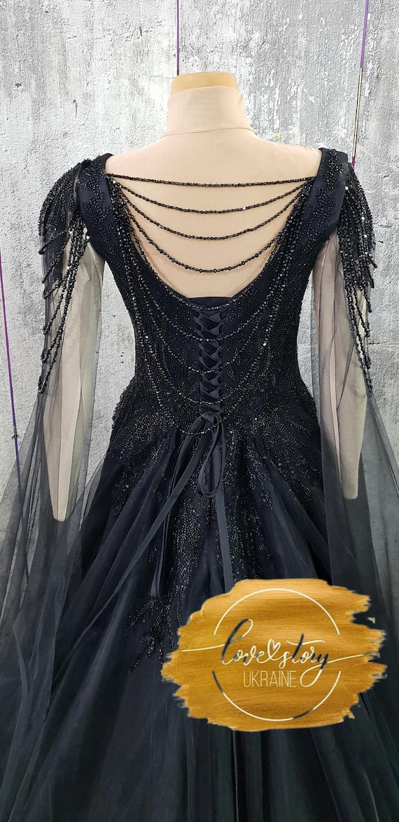 Gothic Wedding Dress,Black Slit Bridal Dress,Princess Wedding Dress,Black Bridal Gown,Bridal Gown with Wings,Halloween Wedding Dress